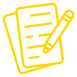 Yellow outline of two papers and a pencil, suggesting writing or note-taking, on a light background.
