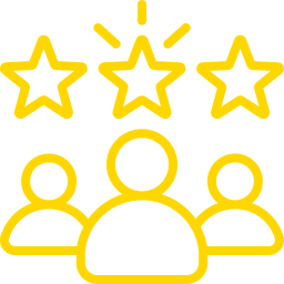 Three yellow outlined people with three yellow stars above them on a light background.