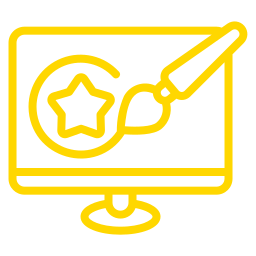 Yellow outline of a computer monitor with a paintbrush drawing a star on the screen.