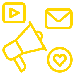 Yellow icons of a megaphone, play button, envelope, and heart on a light background.