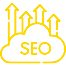 Yellow cloud labeled “SEO” with upward arrows, symbolizing growth or improvement in search rankings.