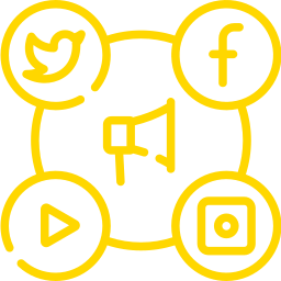 Yellow icons for Twitter, Facebook, Instagram, and YouTube surround a megaphone, symbolizing social media.