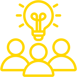 Three people under a glowing light bulb, symbolizing teamwork and idea generation.