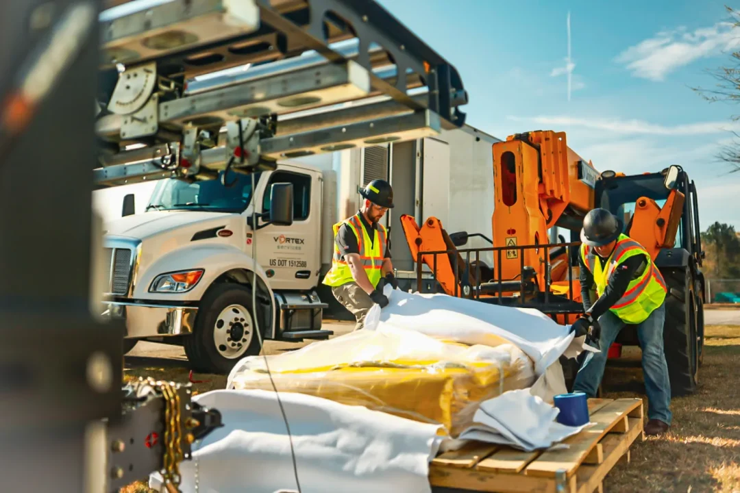 trades-23 Two workers in safety gear wrap equipment on a pallet near a truck and orange construction lift outdoors.
