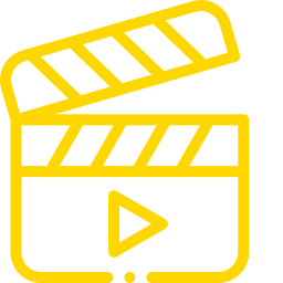 Yellow outline of a movie clapperboard with a play button icon in the center, on a light background.