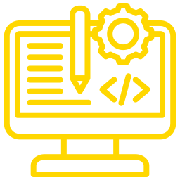 Yellow icon of a computer monitor with a pencil, gear, code brackets, and lines representing text.