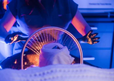 A person in gloves holds a glowing glass ring over a towel-wrapped head in a dark room.