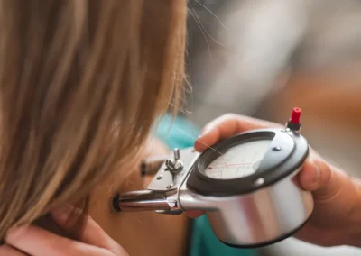 A person checks a woman’s blood pressure using a manual sphygmomanometer on her upper arm.