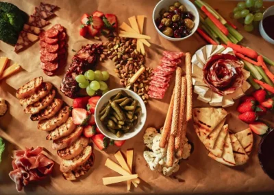 Charcuterie board with meats, cheeses, bread, fruit, veggies, pickles, olives, and nuts on brown paper.