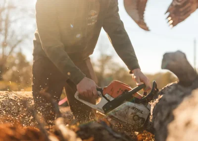 Person using a chainsaw to cut a log outdoors in sunlight, with wood chips flying around.