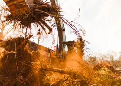 Excavator lifting dirt and branches, kicking up dust at a construction or clearing site on a sunny day.