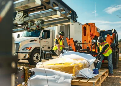 Two workers in safety vests handle a large wrapped package near a truck and orange equipment outdoors.