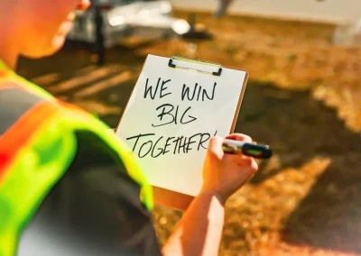 Person in a safety vest writes “WE WIN BIG TOGETHER!” on a clipboard with a marker outdoors.