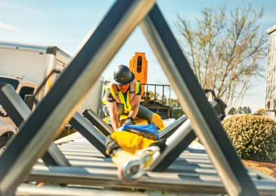 A worker in safety gear handles equipment outdoors, framed by a metal structure in the foreground.