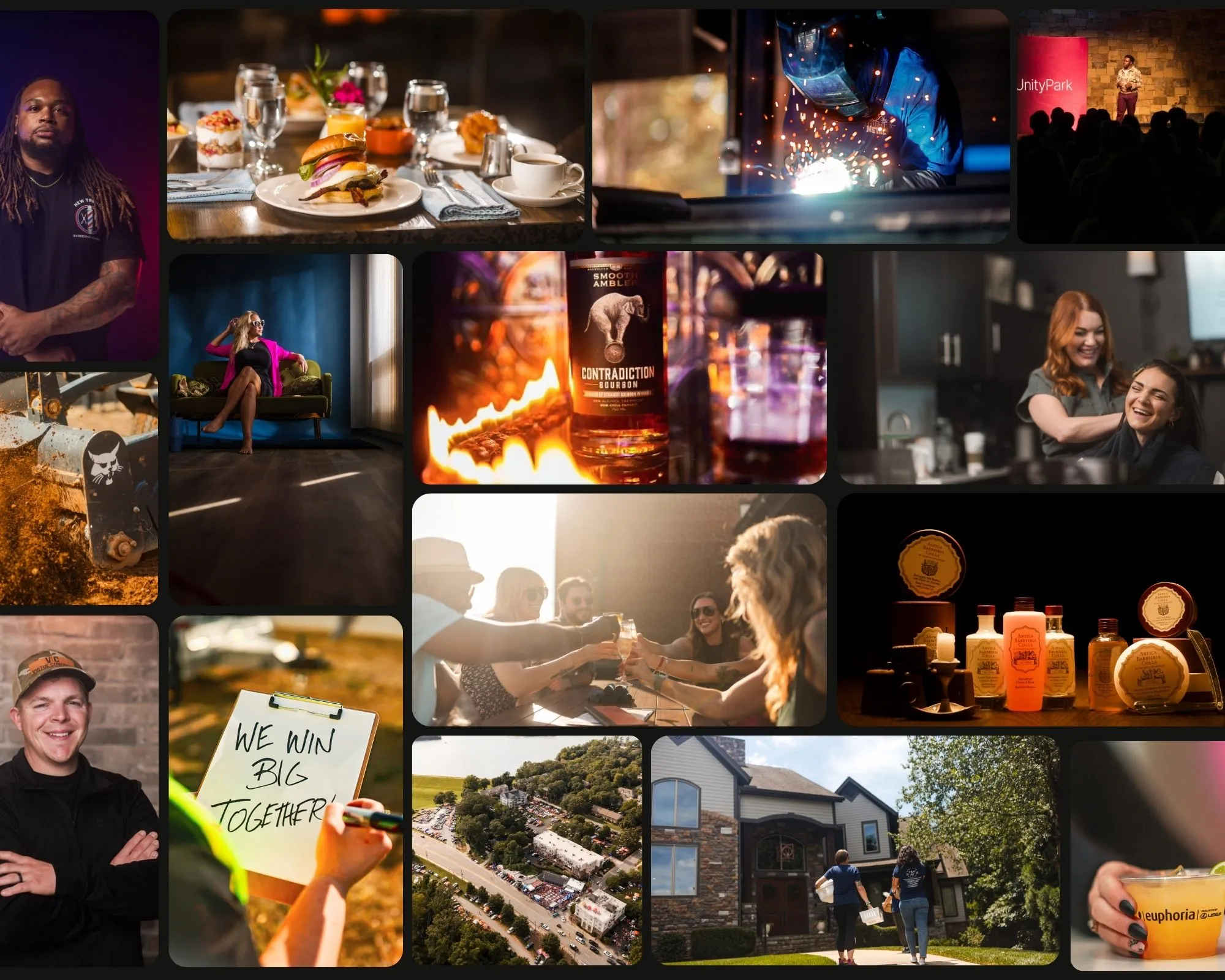 GHL Forms Background 1 Collage of people dining, celebrating, working, and showcasing food, drinks, and products in various settings.