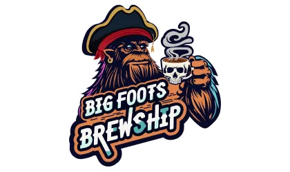 big-foots-1 Bigfoot in a pirate hat holds a steaming skull mug; text reads “Big Foots Brewship.”.