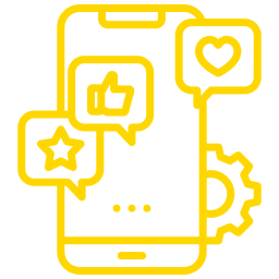 Yellow outline of a smartphone with chat bubbles showing a star, thumbs up, and heart, plus a gear icon.