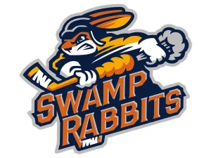 sr-1 Aggressive cartoon rabbit in hockey gear holding a stick, with “Swamp Rabbits” written below.