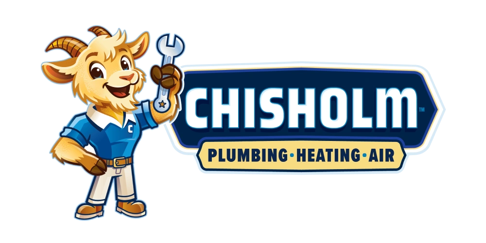 chisholm-l Cartoon goat mascot holding a wrench next to the Chisholm Plumbing, Heating, Air logo.
